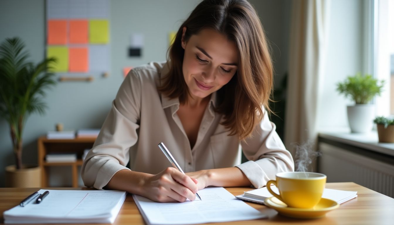 A woman writing objectives and goals for a corporate event at her desk.